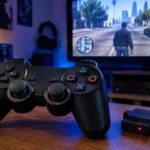 دسته بی‌سیم PS2 با گیرنده و تلویزیون برای بازی
