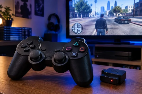 دسته بی‌سیم PS2 با گیرنده و تلویزیون برای بازی