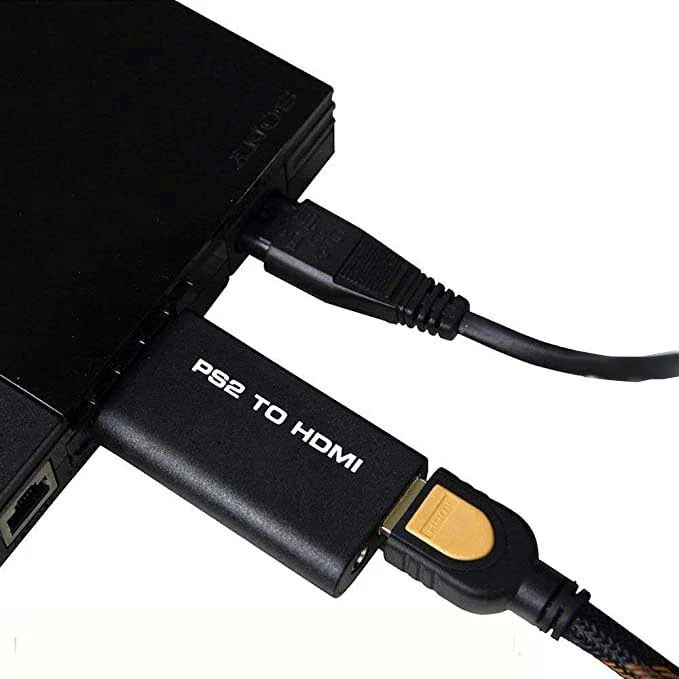 مبدل PS2 به HDMI متصل به کنسول و کابل HDMI
